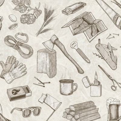 Tapet de perete The Lumberjack, Cream cu un urs, un copac și diverse ustensile de camping.