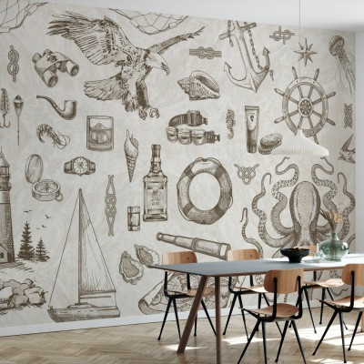 Tapet de perete The Sailor, Cream, cu un design marin delicat, perfect pentru un decor clasic.