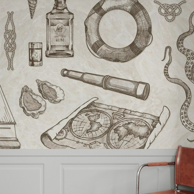 Tapet de perete The Sailor, Cream, cu un design marin delicat, perfect pentru un decor clasic.