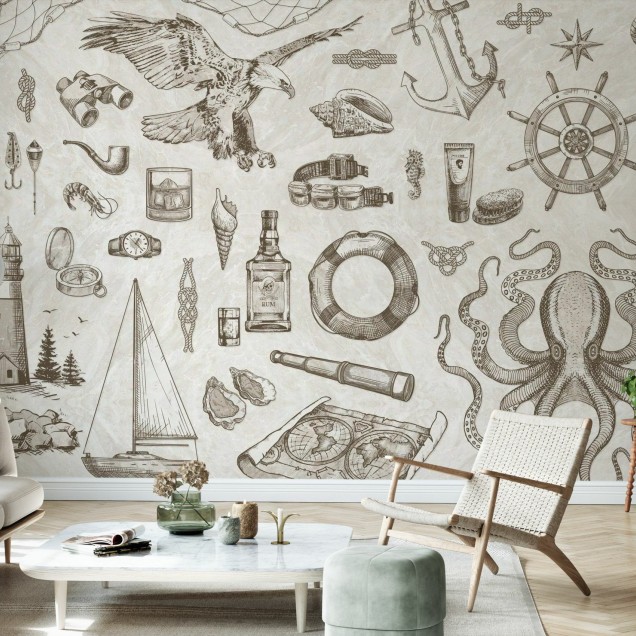 Tapet de perete The Sailor, Cream, cu un design marin delicat, perfect pentru un decor clasic.