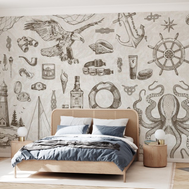 Tapet de perete The Sailor, Cream, cu un design marin delicat, perfect pentru un decor clasic.