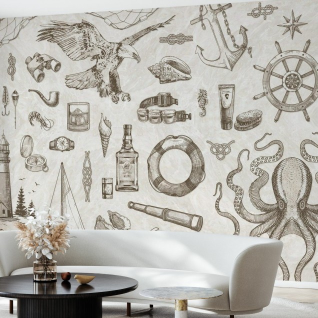 Tapet de perete The Sailor, Cream, cu un design marin delicat, perfect pentru un decor clasic.