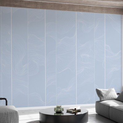 Perete foto cu design minimalist, linii albe curbate pe un fundal albastru delicat.