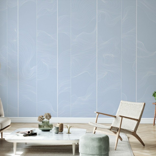 Perete foto cu design minimalist, linii albe curbate pe un fundal albastru delicat.