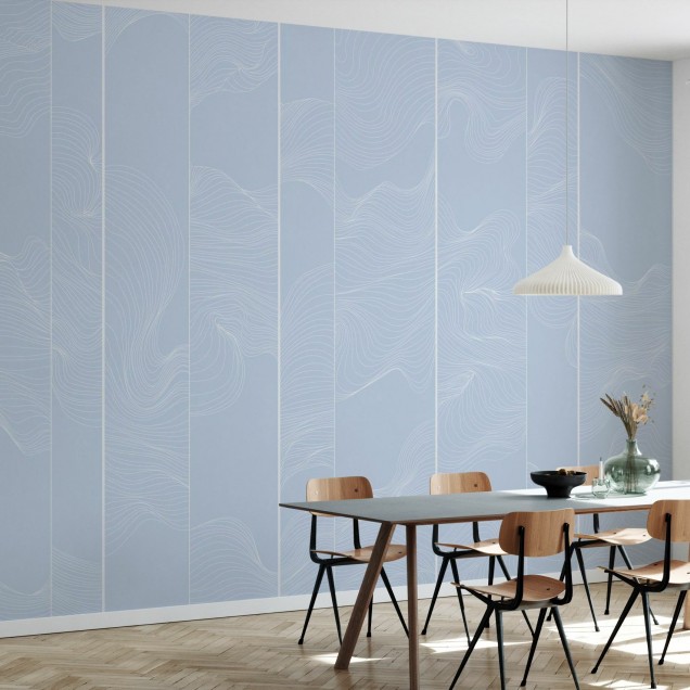 Perete foto cu design minimalist, linii albe curbate pe un fundal albastru delicat.