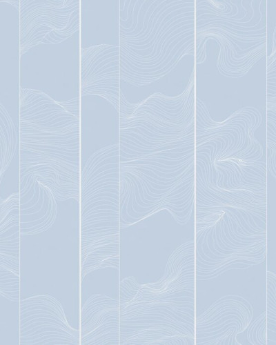 Perete foto cu design minimalist, linii albe curbate pe un fundal albastru delicat.