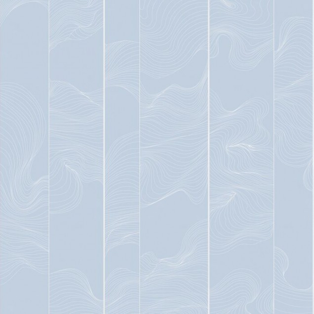 Perete foto cu design minimalist, linii albe curbate pe un fundal albastru delicat.
