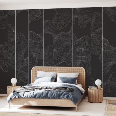 Perete grafic cu linii curbate, minimalist și elegant, perfect pentru a crea o atmosferă modernă în dormitorul dumneavoastră.
