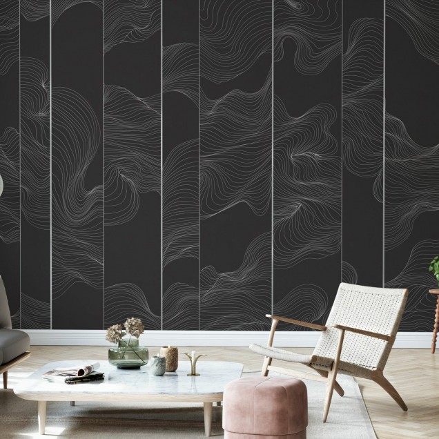 Perete grafic cu linii curbate, minimalist și elegant, perfect pentru a crea o atmosferă modernă în dormitorul dumneavoastră.