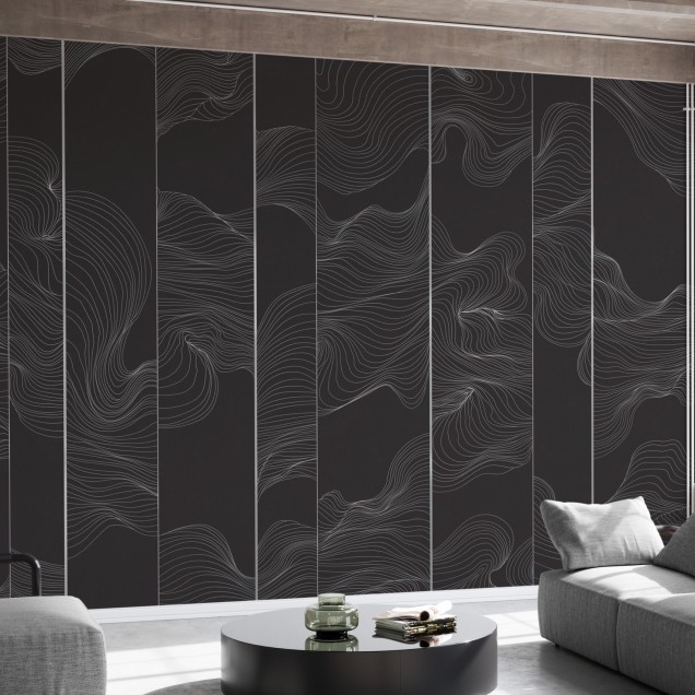 Perete grafic cu linii curbate, minimalist și elegant, perfect pentru a crea o atmosferă modernă în dormitorul dumneavoastră.