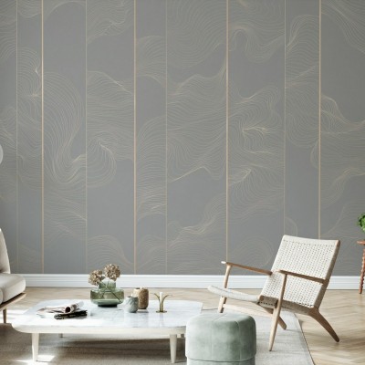 Fototapet  "Illuminated Lines Curved" cu linii aurii delicate pe un fond gri