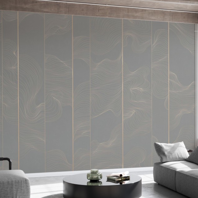 Fototapet  "Illuminated Lines Curved" cu linii aurii delicate pe un fond gri