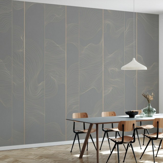 Fototapet  "Illuminated Lines Curved" cu linii aurii delicate pe un fond gri