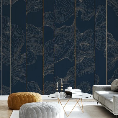 Tapet abstract cu linii curbate aurii pe fundal albastru marin