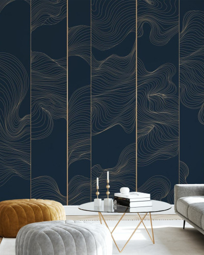 Tapet abstract cu linii curbate aurii pe fundal albastru marin