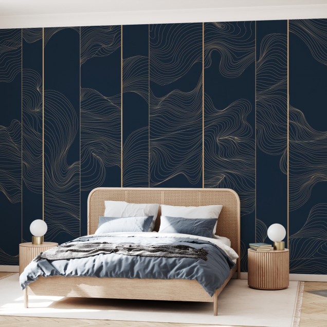 Tapet abstract cu linii curbate aurii pe fundal albastru marin