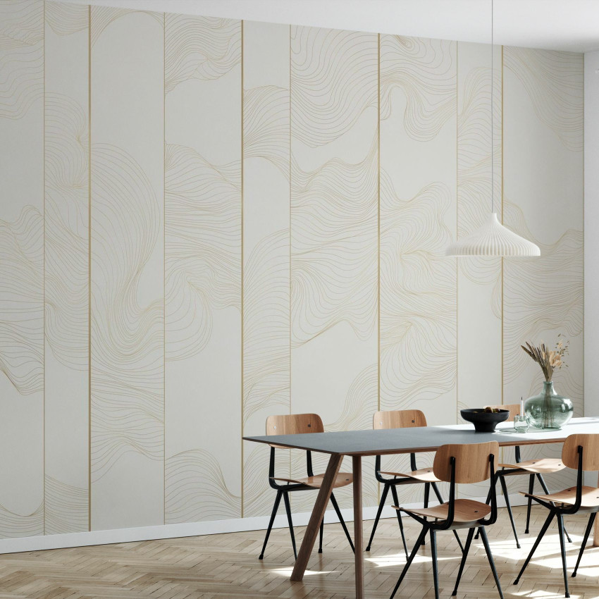 Tapet abstract cu linii curbate aurii pe fundal albastru marin