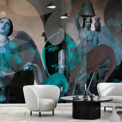 Tapet abstract modern cu design minimalist in nuante de albastru si gri.