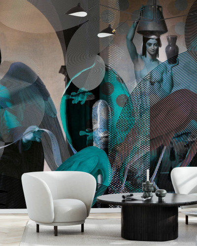 Tapet abstract modern cu design minimalist in nuante de albastru si gri.