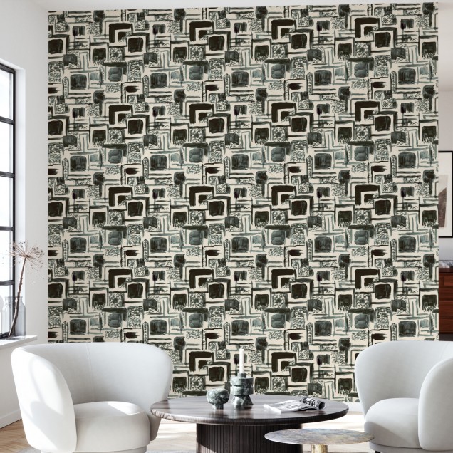 Tapet foto abstract cu model geometric modern în tonuri de gri, negru și alb, perfect pentru a adăuga un element de artă contemporană în orice spațiu.