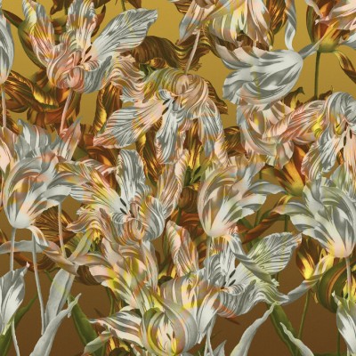 Tapet floral auriu cu trandafiri, Rosey Cheeks, Gold