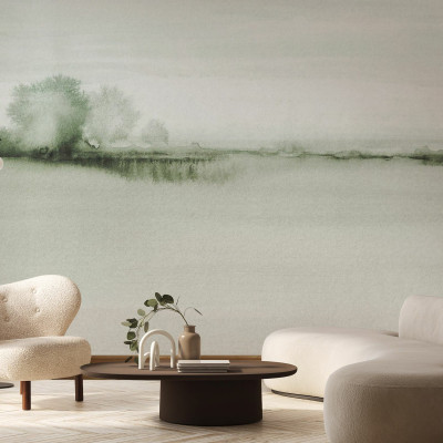 Tapet abstract cu design minimalist, perfect pentru decorul modern. Tonuri de verde și gri în tonuri pale.