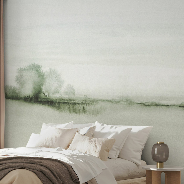 Tapet abstract cu design minimalist, perfect pentru decorul modern. Tonuri de verde și gri în tonuri pale.