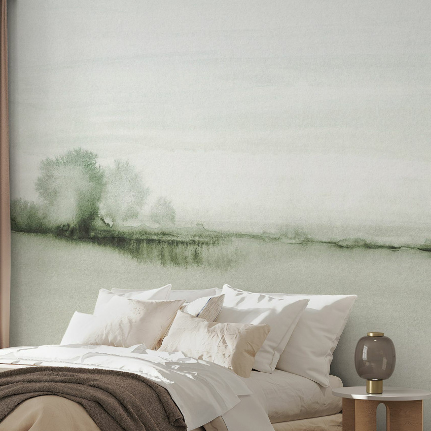 Watercolor Fields, Taupe Background - Tapet cu design minimalist cu un peisaj abstract