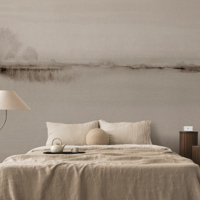 Watercolor Fields, Taupe Background - Tapet cu design minimalist cu un peisaj abstract