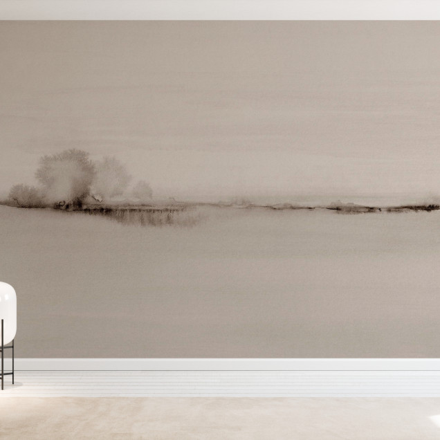 Watercolor Fields, Taupe Background - Tapet cu design minimalist cu un peisaj abstract