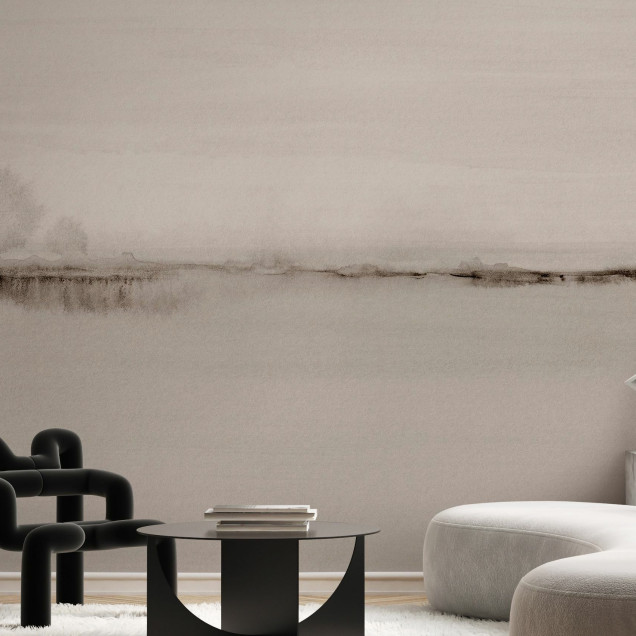 Watercolor Fields, Taupe Background - Tapet cu design minimalist cu un peisaj abstract
