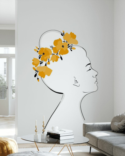 Tapet cu design minimalist, reprezentând o femeie cu flori galbene în păr.