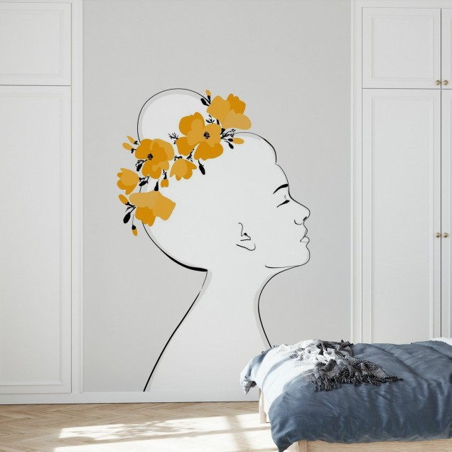 Tapet cu design minimalist, reprezentând o femeie cu flori galbene în păr.