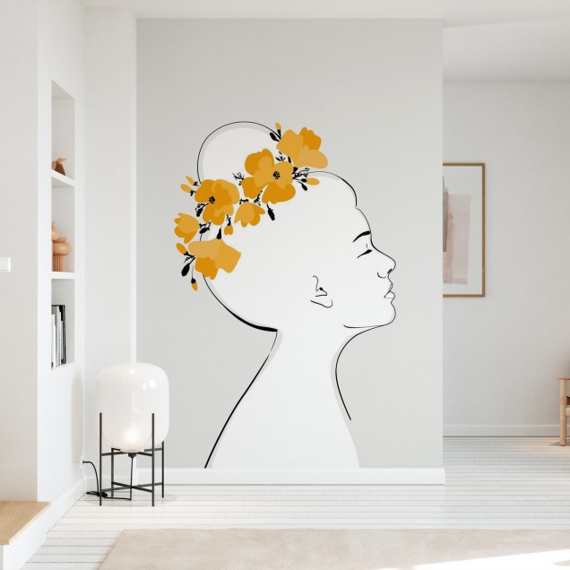 Tapet cu design minimalist, reprezentând o femeie cu flori galbene în păr.