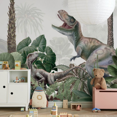 Fototapet cu dinozauri într-o cameră de copii decorată