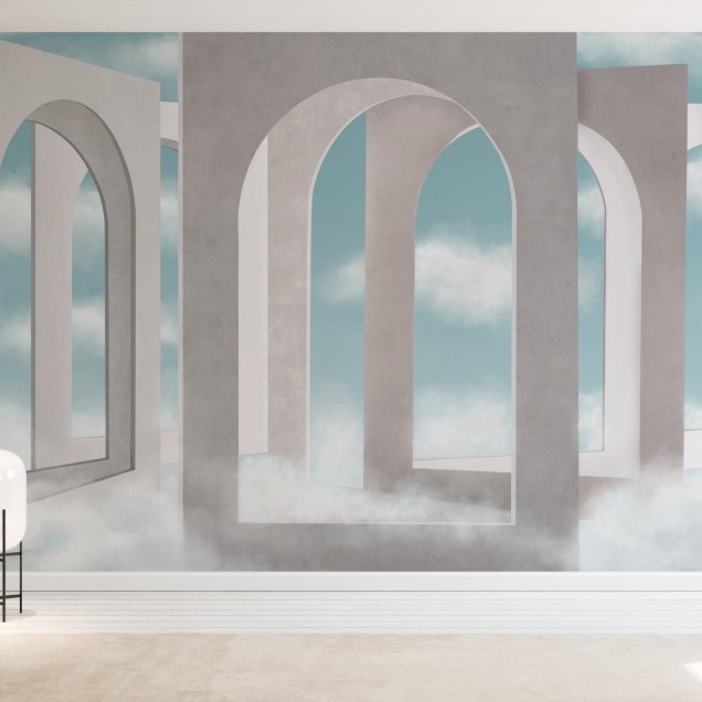 Tapet Cloud Arches cu arcade și nori albi pe un fundal albastru deschis.