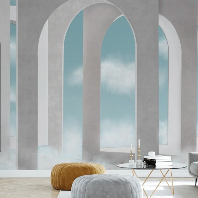 Tapet Cloud Arches cu arcade și nori albi pe un fundal albastru deschis.