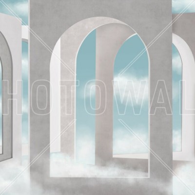 Tapet Cloud Arches cu arcade și nori albi pe un fundal albastru deschis.