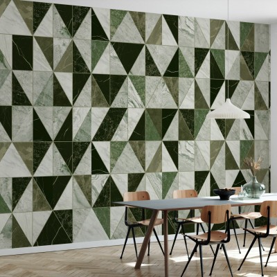 Tapet geometric cu design modern din marmura verde si alba