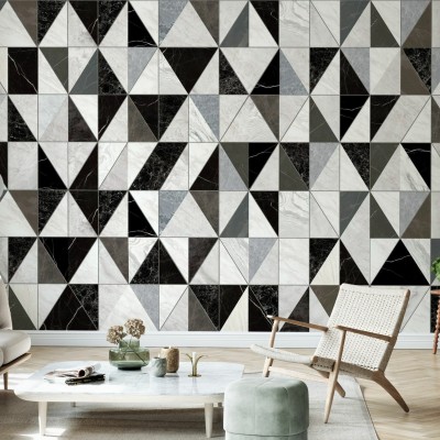 Tapet geometric din marmură, cu triunghiuri de marmură neagră, gri și alb