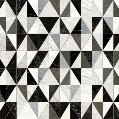 Tapet geometric din marmură, cu triunghiuri de marmură neagră, gri și alb