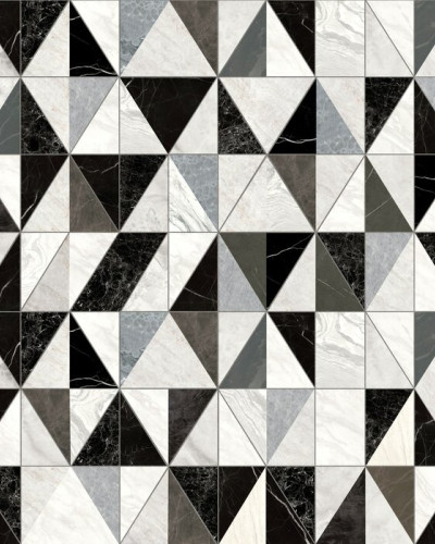 Tapet geometric din marmură, cu triunghiuri de marmură neagră, gri și alb