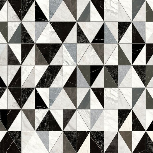 Tapet geometric din marmură, cu triunghiuri de marmură neagră, gri și alb