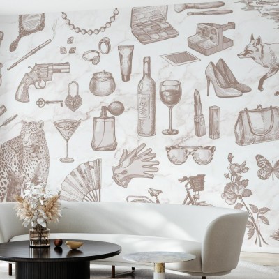 Tapet cu design vintage, cu elemente feminine, pe un fundal de marmura