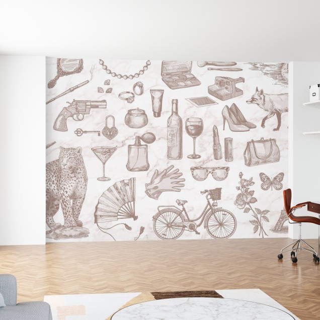 Tapet cu design vintage, cu elemente feminine, pe un fundal de marmura