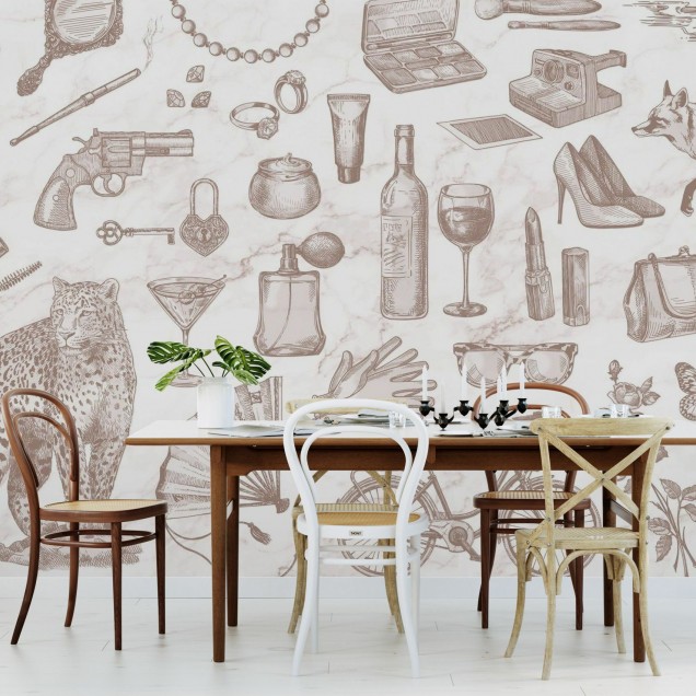 Tapet cu design vintage, cu elemente feminine, pe un fundal de marmura