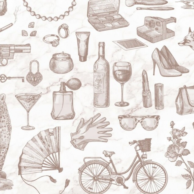 Tapet cu design vintage, cu elemente feminine, pe un fundal de marmura