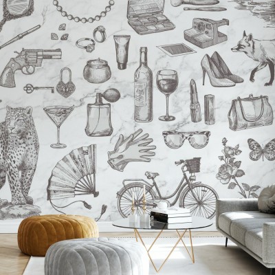 Tapet Femme Fatal White Smoke cu un design elegant si sofisticat, cu elemente feminine desenate pe un fundal din marmura.