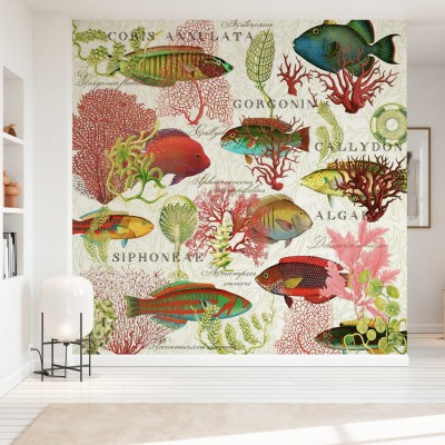 Tapet Red Coral and Fish cu corali roșii vibranți și pești multicolori.