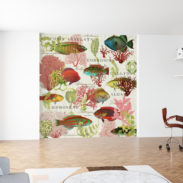 Tapet Red Coral and Fish cu corali roșii vibranți și pești multicolori.